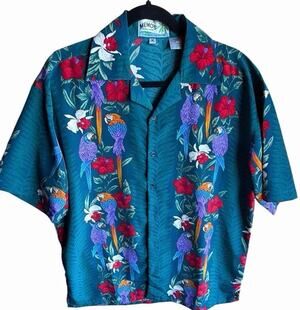 MEMO'S World Wide Hawaiian Shirt Mens MEDIUM Green Parrots Floral AOP Vintage